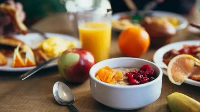A dog owner spoons plain cooked oatmeal into a metal bowl on a kitchen counter